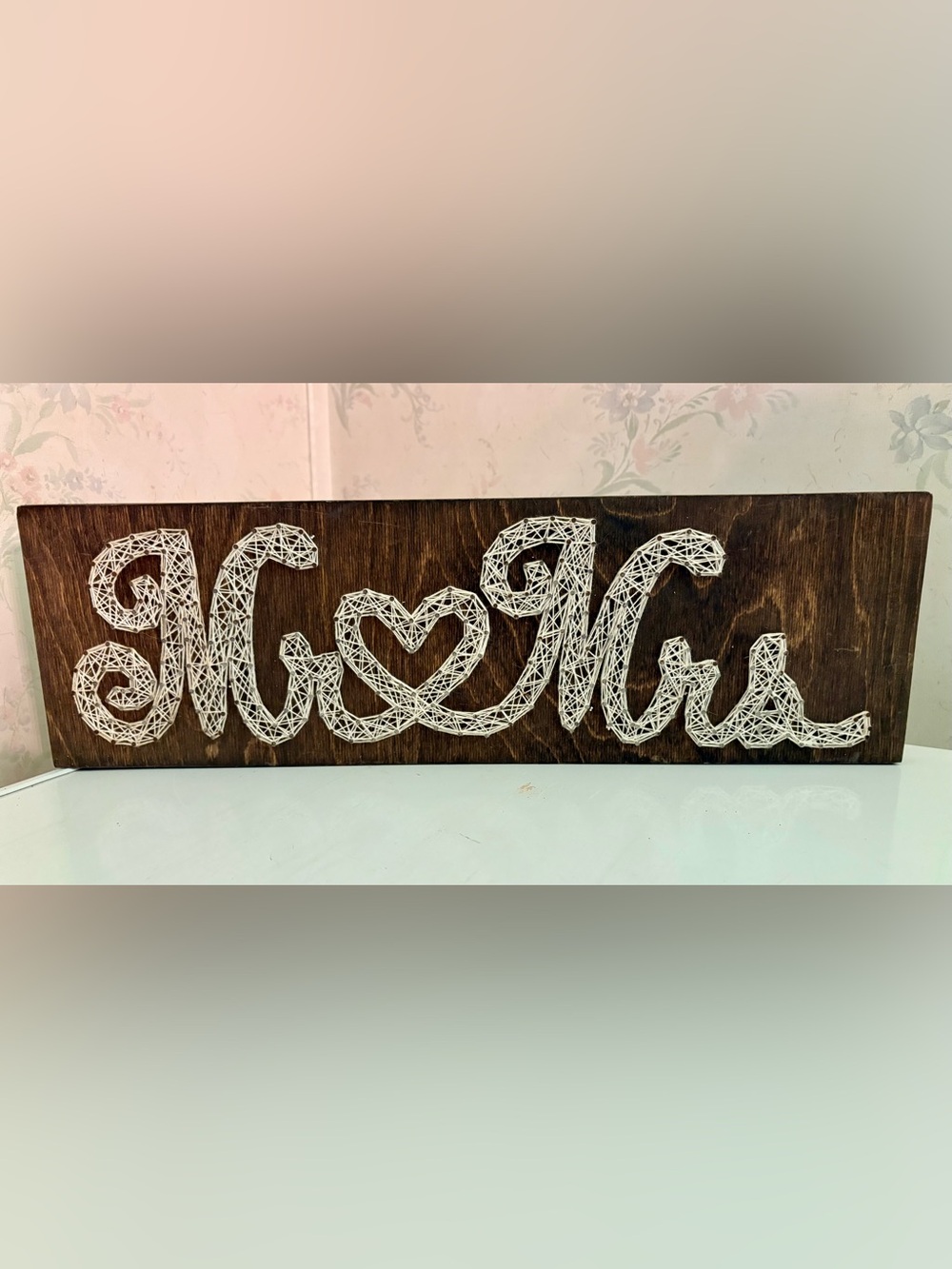 Mr & Mrs White String Art on Stained Wood